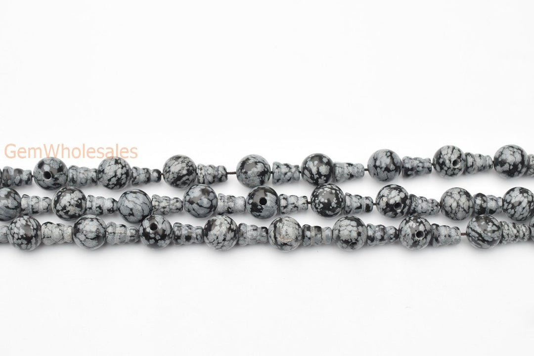 5 sets 10mm Natural Snowflake obsidian T hole beads set, Guru Mala Cones Beads