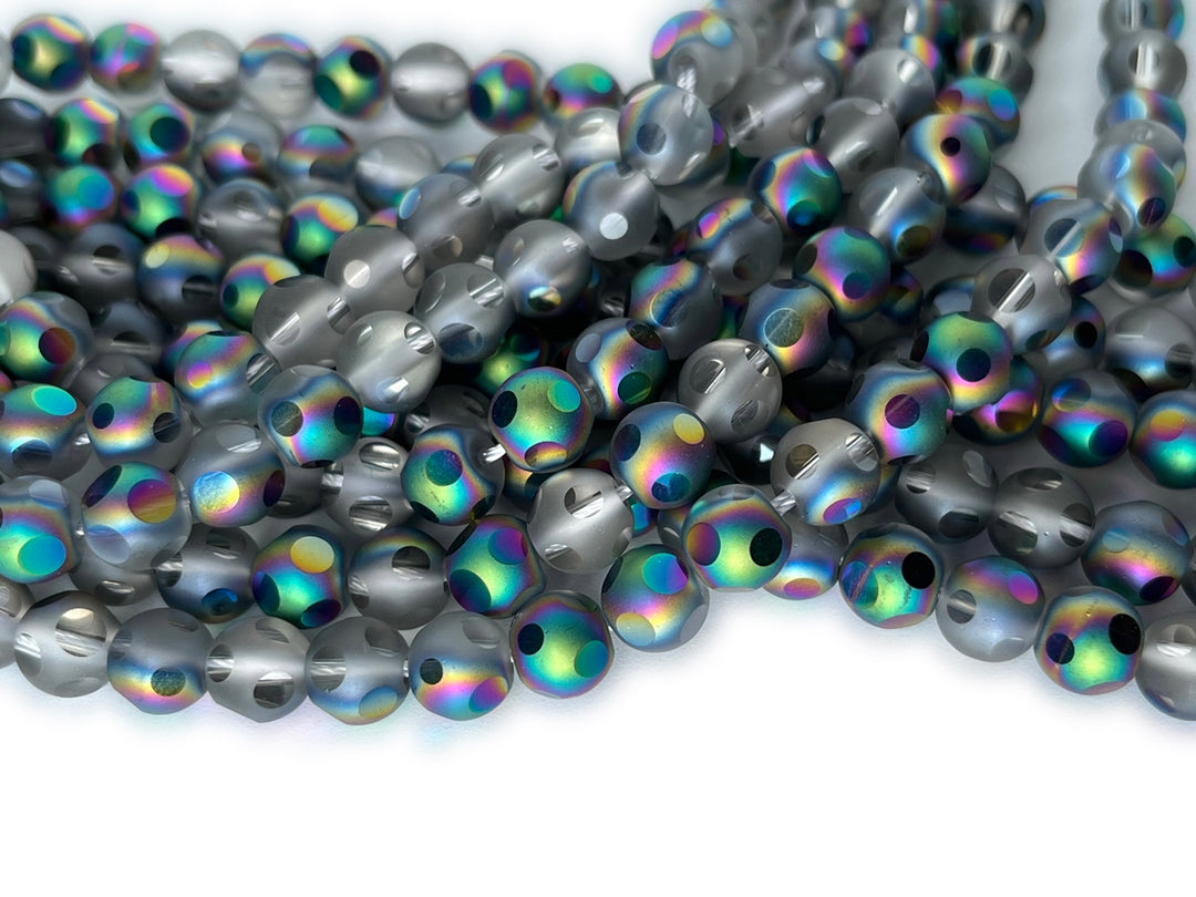 15.5" 8mm/10mm rainbow grey glass football cutting round faceted beads
