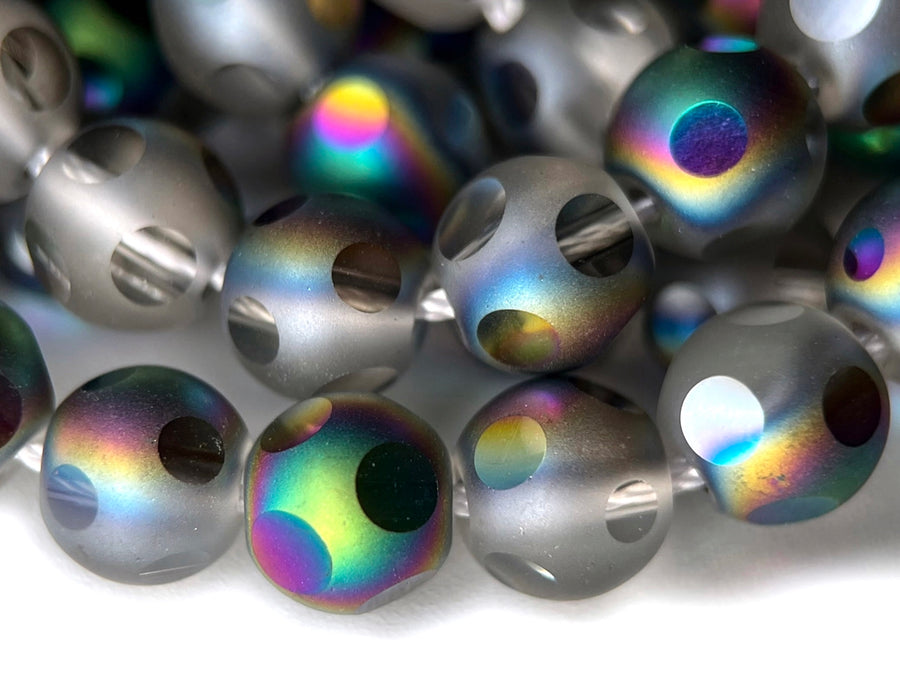 15.5" 8mm/10mm rainbow grey glass football cutting round faceted beads