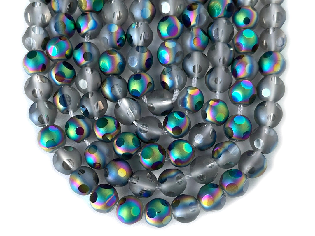 15.5" 8mm/10mm rainbow grey glass football cutting round faceted beads