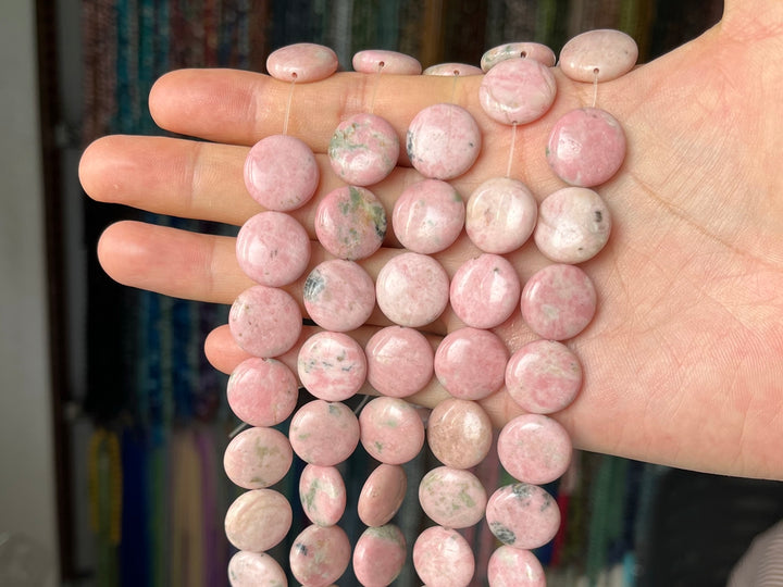 15.5" 16mm Peru rhodonite round coin beads, red semi-precious stone