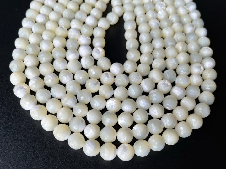 15.5" 10mm Natural white MOP round faceted beads ,mother of pearl 128F