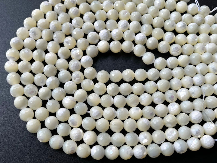 15.5" 10mm Natural white MOP round faceted beads ,mother of pearl 128F