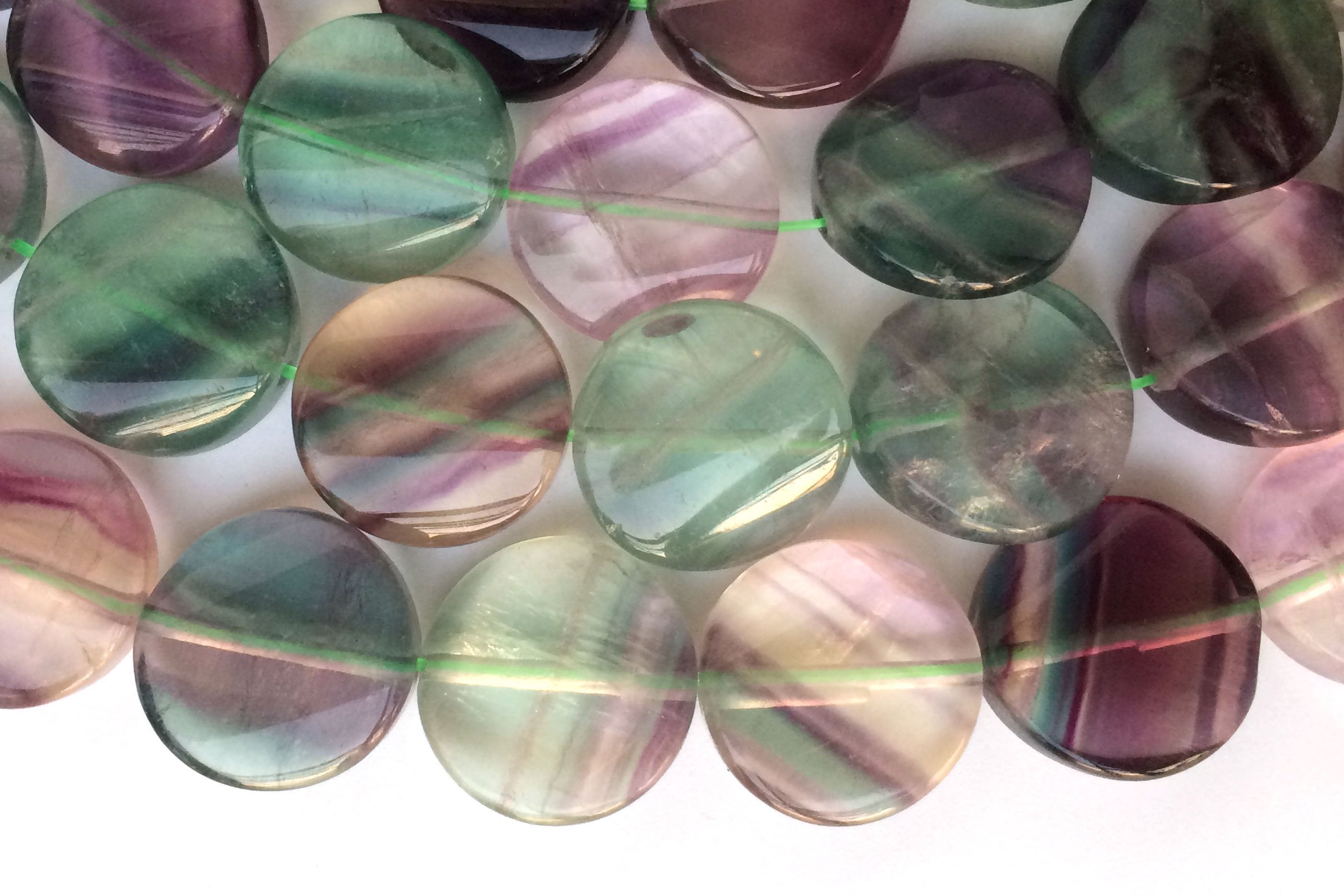 15.5" 16mm Natural Rainbow fluorite twisted wave round coin beads