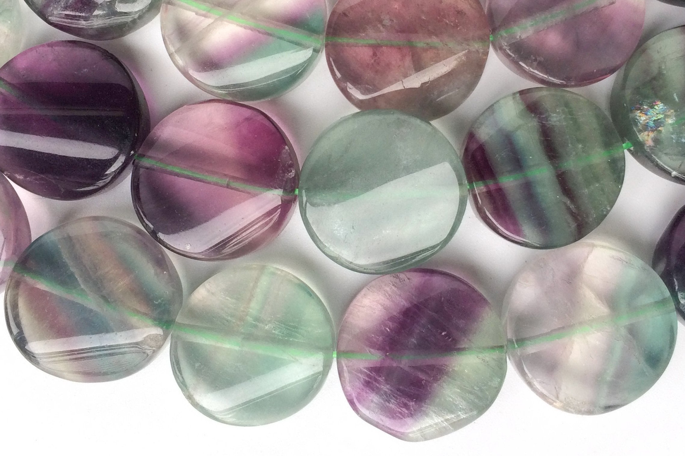 15.5" 16mm Natural Rainbow fluorite twisted wave round coin beads