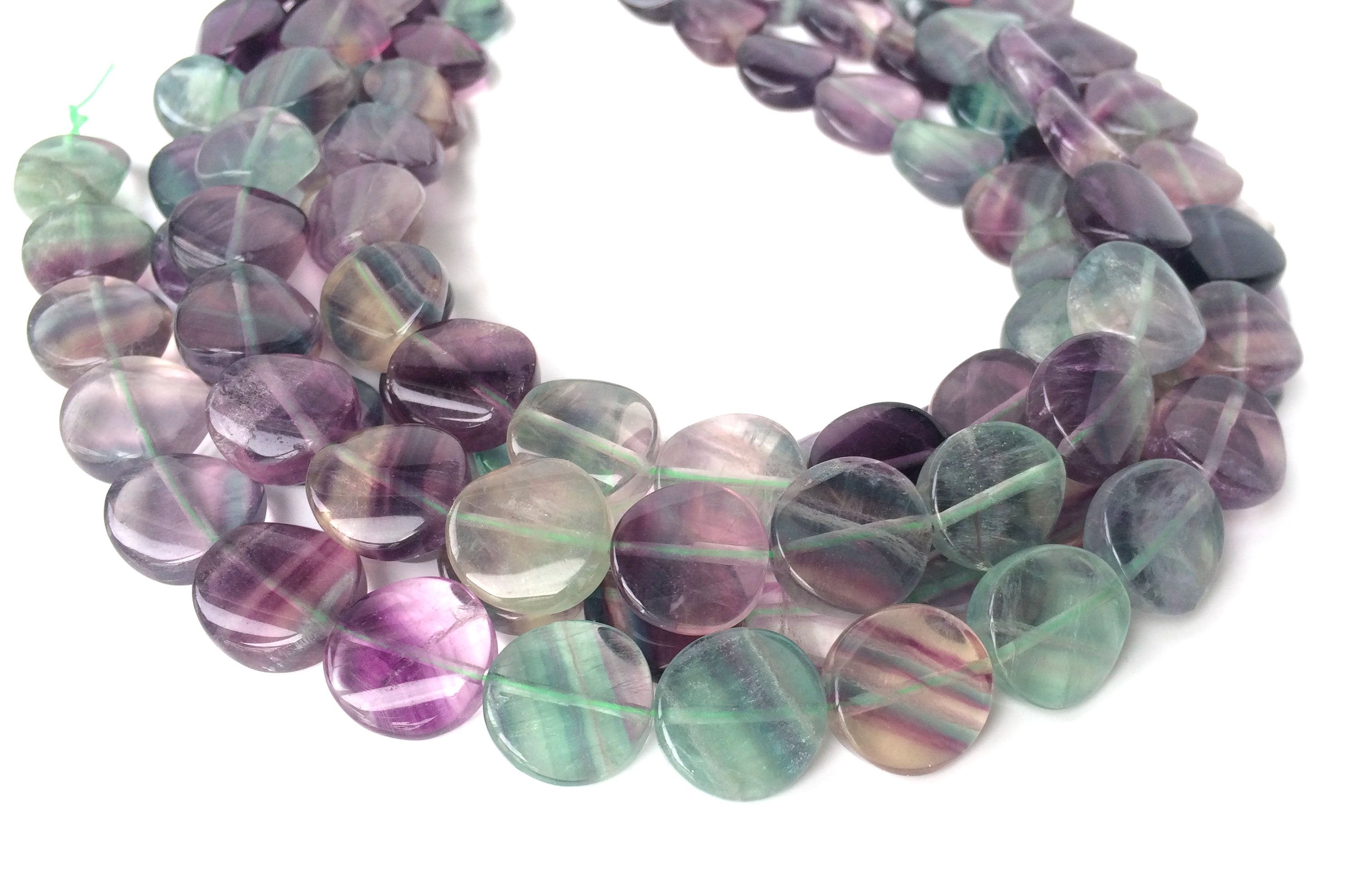 15.5" 16mm Natural Rainbow fluorite twisted wave round coin beads