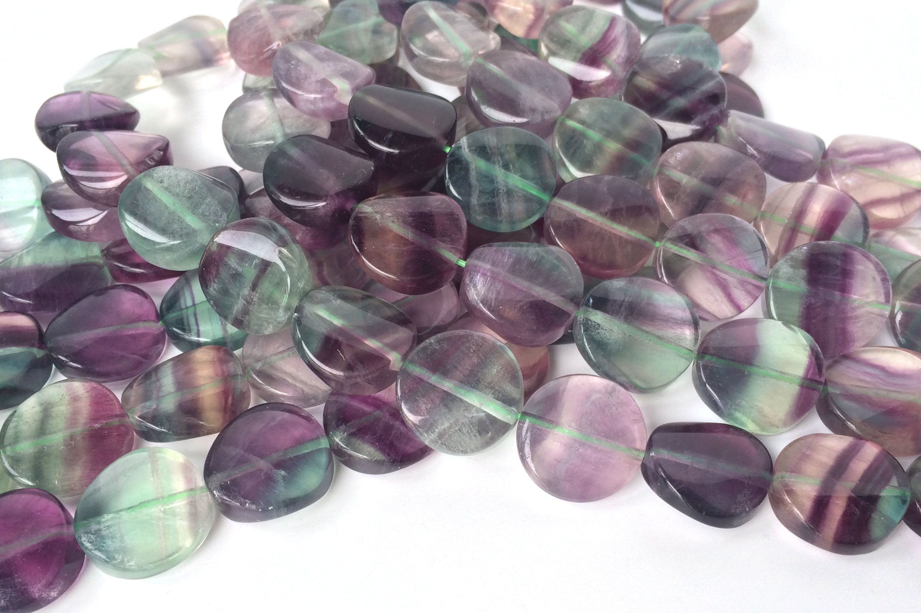 15.5" 16mm Natural Rainbow fluorite twisted wave round coin beads