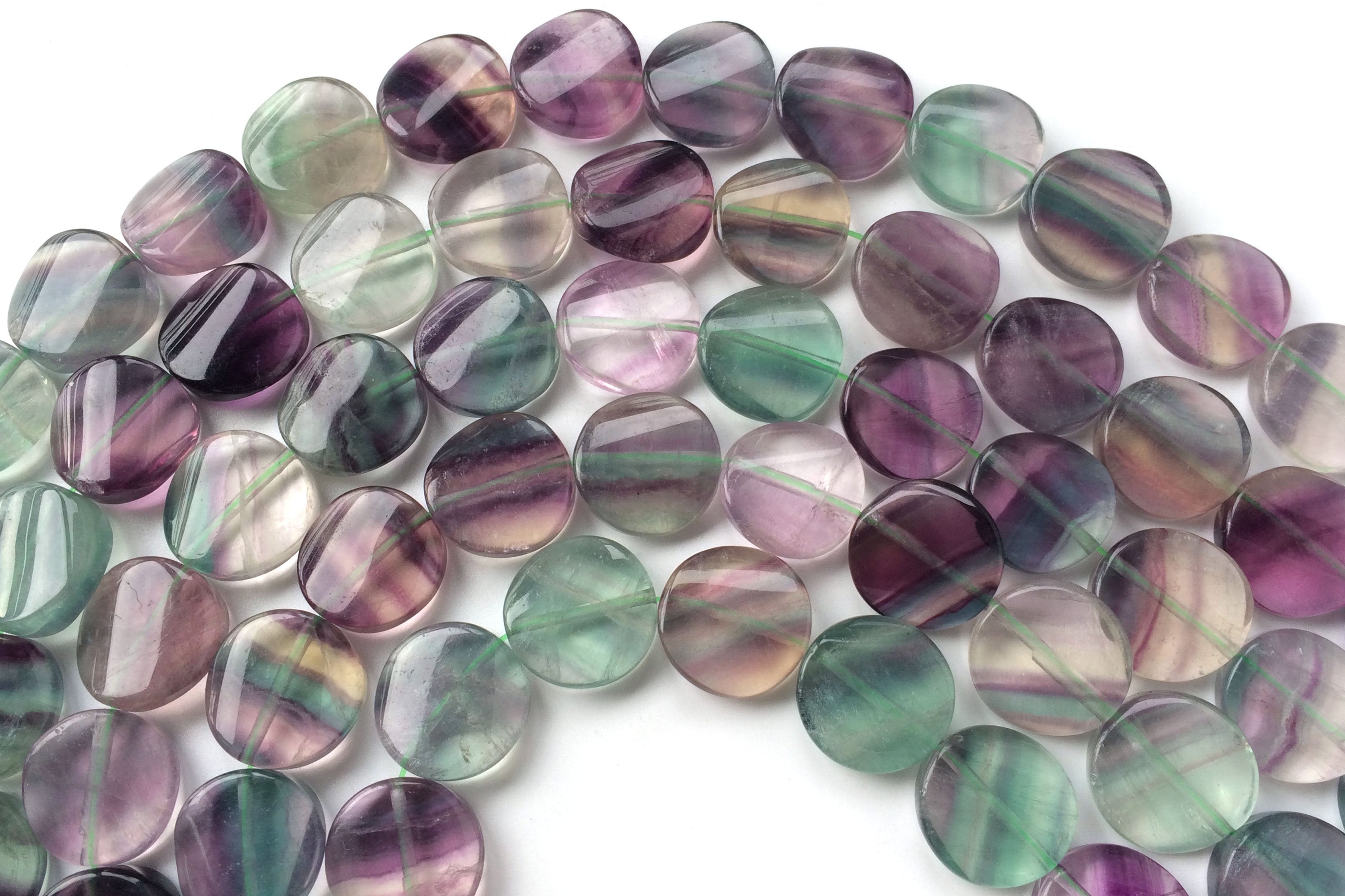 15.5" 16mm Natural Rainbow fluorite twisted wave round coin beads