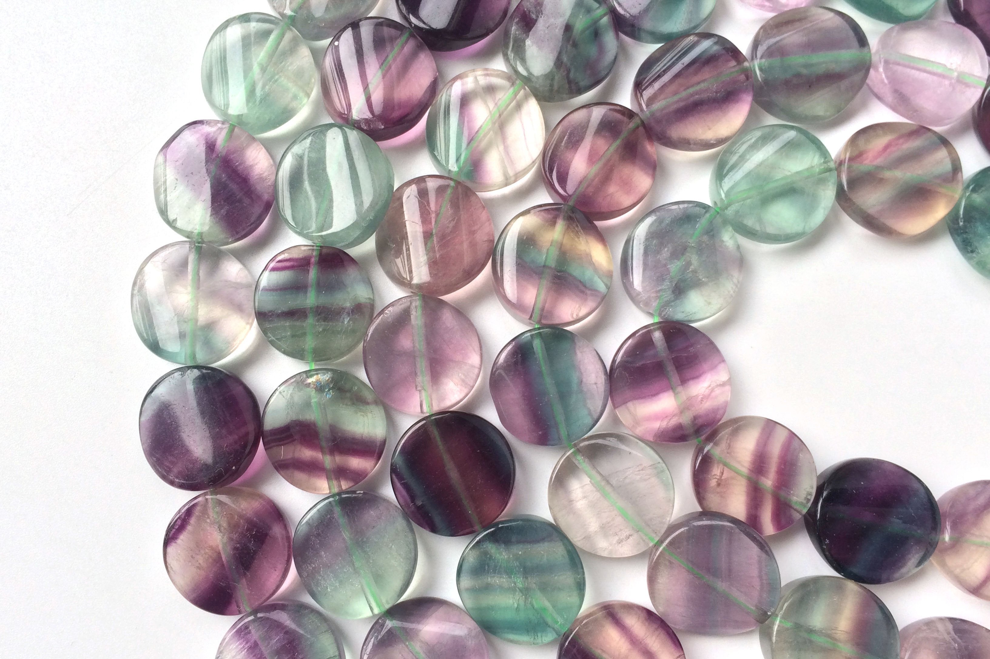 15.5" 16mm Natural Rainbow fluorite twisted wave round coin beads