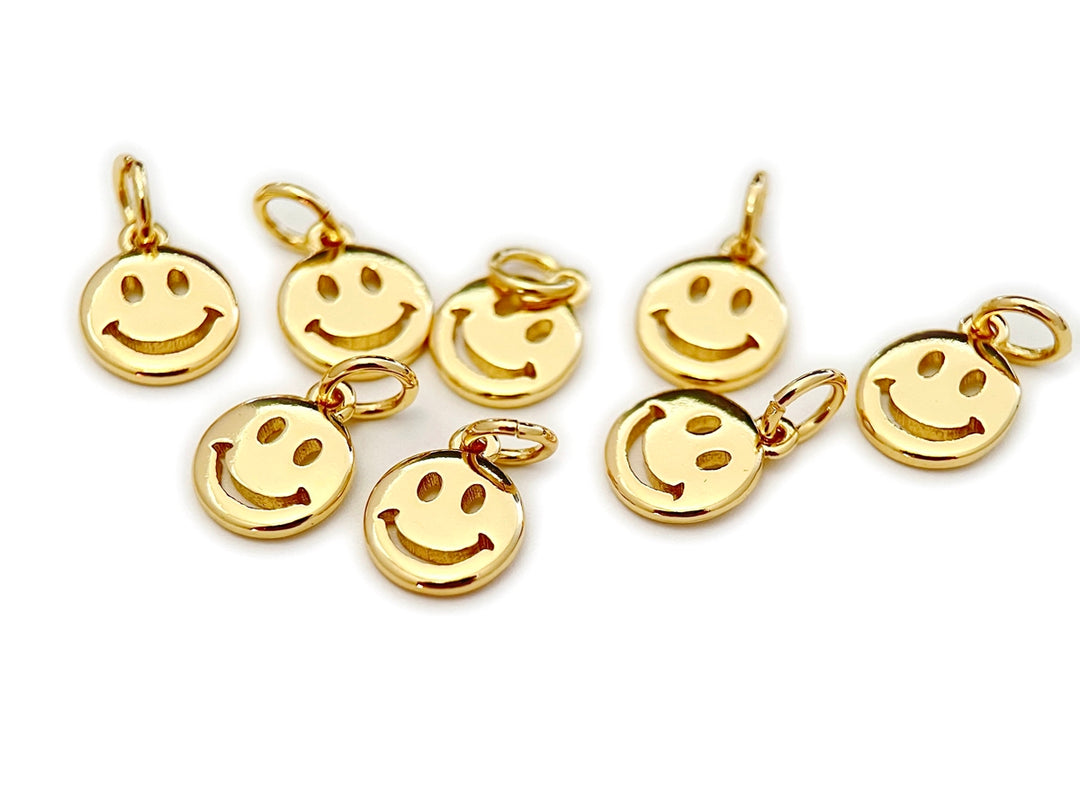4PCS 8mm gold plated brass Happy Face Charm, Double Sided findings