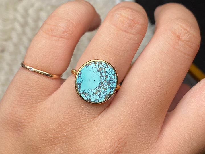 14K gold plated Natural genuine HuBei turquoise stone ring