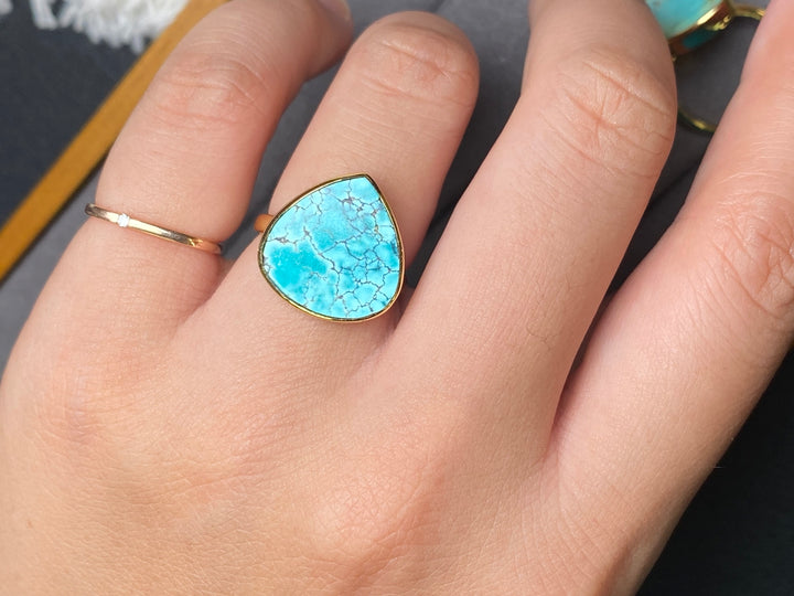 14K gold plated Natural genuine HuBei turquoise stone ring