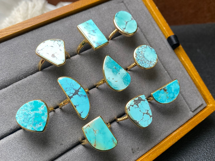 14K gold plated Natural genuine HuBei turquoise stone ring