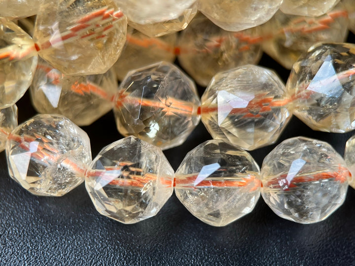15.5" 8mm/10mm Natural Citrine round star faceted beads, yellow quartz